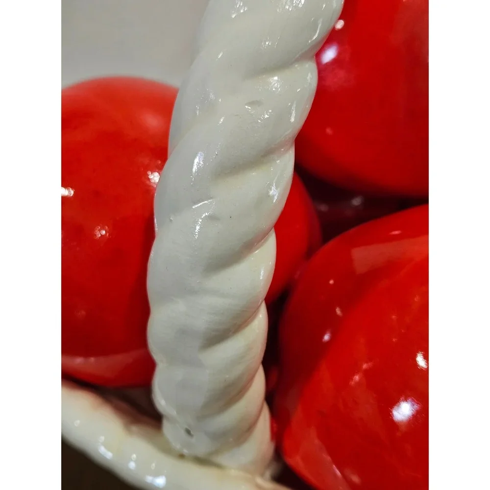 VTG Farmhouse Ceramic Red Apple Cottagecore Basket Decor White Basket